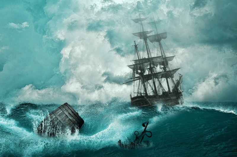 olden day ship being tossed by storm
